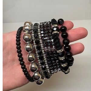 Black and Silver Beaded Bracelet Set 6pc Rhinestone Stretch Macrame Stack